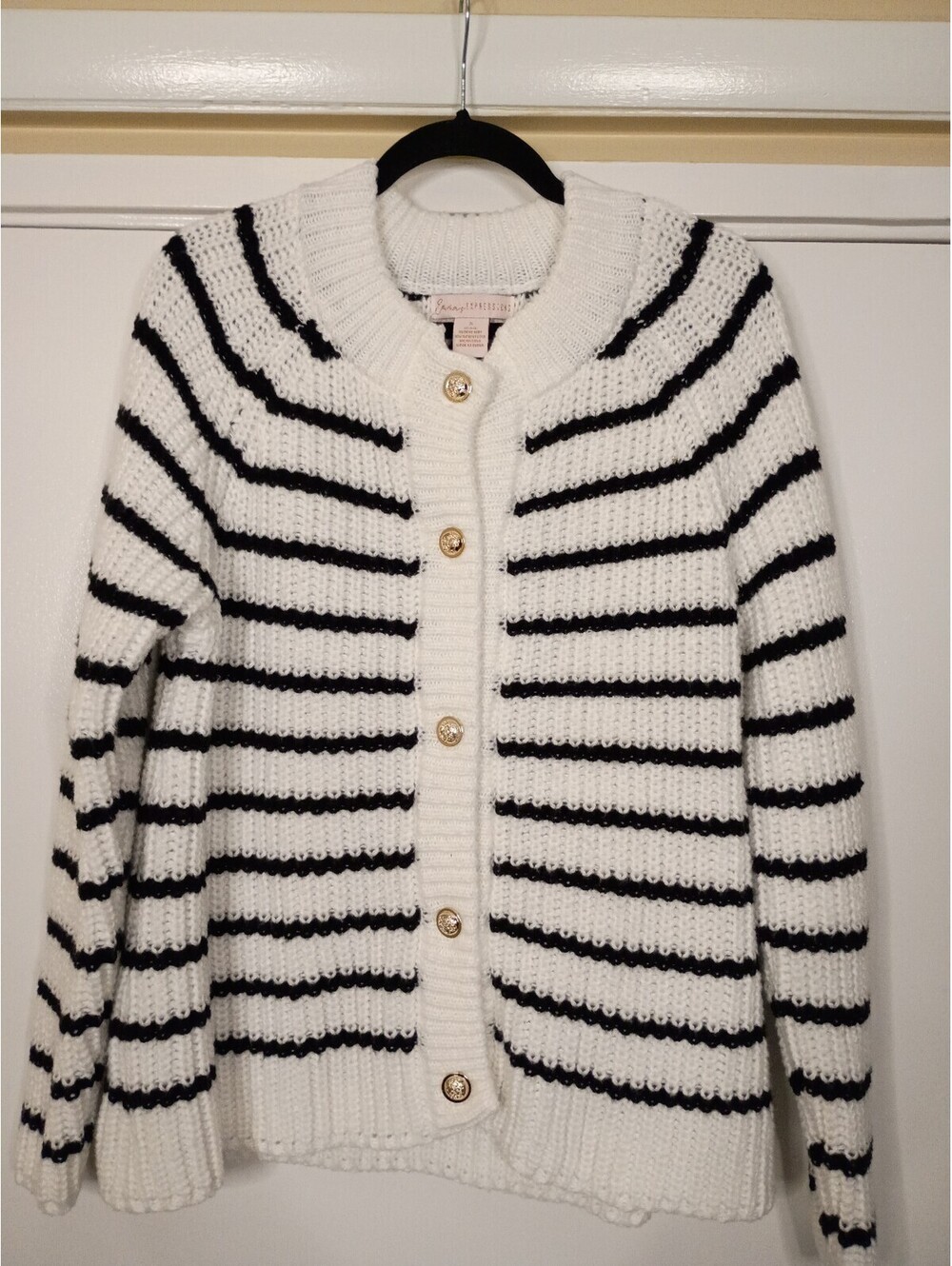 Ivory Black Striped Heavyweight Knit Cardigan Gold Button Sweater Small